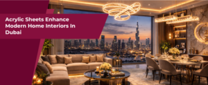 Luxury Dubai living room interior with modern acrylic lighting fixtures, elegant furniture, and city skyline view at night