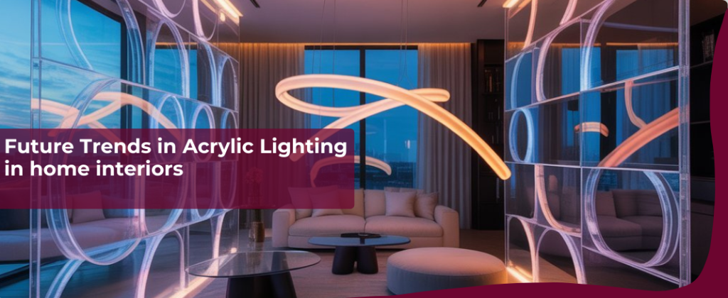 Modern living room with creative acrylic lighting fixtures, featuring curved illuminated designs and contemporary interior decor